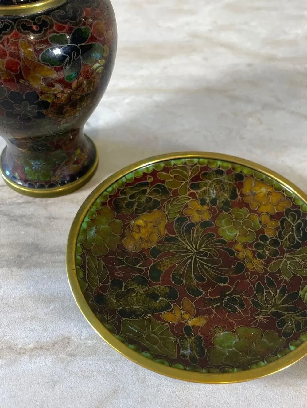 Vintage Floral Cloisonne Vase with Matching Dish